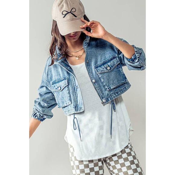 Urban Daizy Utility Cropped Drawstring Hem Stand Collar Denim Jacket - Picture 13 of 16